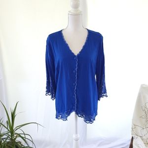 Soft Surroundings Blue Button Up Blouse Size Large Scalloped Edges Lace Details